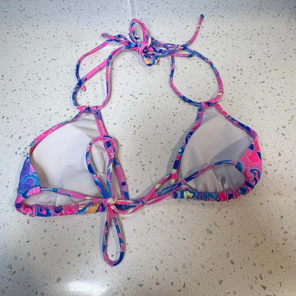 Pink Blue Floral Triangle Bikini Top Halter Swimwear Women Small
